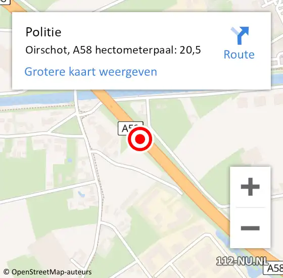 Locatie op kaart van de 112 melding: Politie Oirschot, A58 hectometerpaal: 20,5 op 13 december 2022 18:02