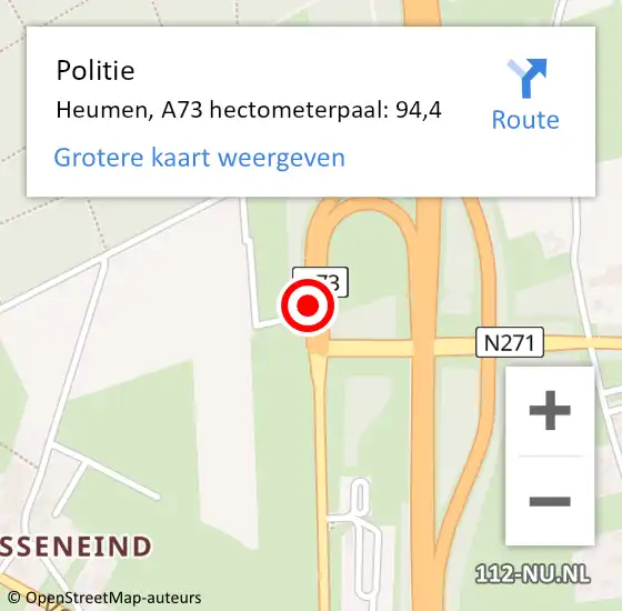 Locatie op kaart van de 112 melding: Politie Heumen, A73 hectometerpaal: 94,4 op 13 december 2022 18:05