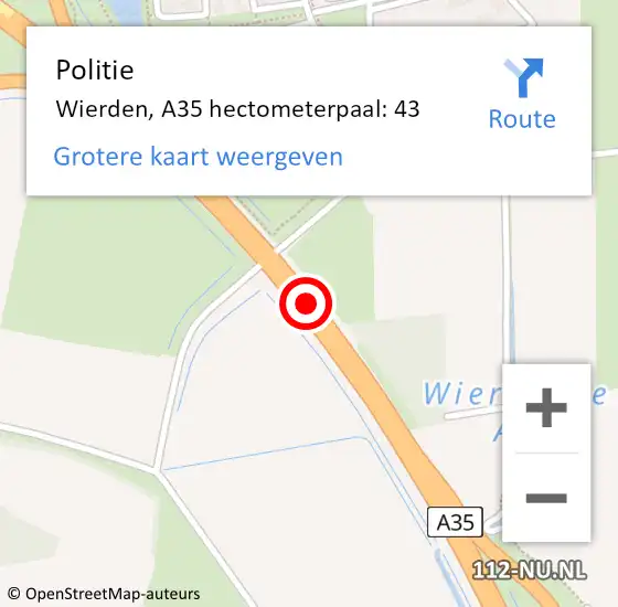 Locatie op kaart van de 112 melding: Politie Wierden, A35 hectometerpaal: 43 op 13 december 2022 18:15