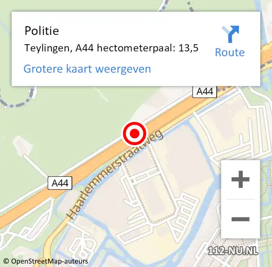 Locatie op kaart van de 112 melding: Politie Teylingen, A44 hectometerpaal: 13,5 op 13 december 2022 18:50