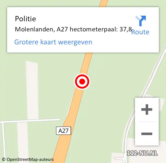 Locatie op kaart van de 112 melding: Politie Molenlanden, A27 hectometerpaal: 37,8 op 13 december 2022 20:14