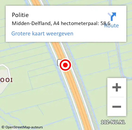 Locatie op kaart van de 112 melding: Politie Midden-Delfland, A4 hectometerpaal: 58,6 op 13 december 2022 20:25