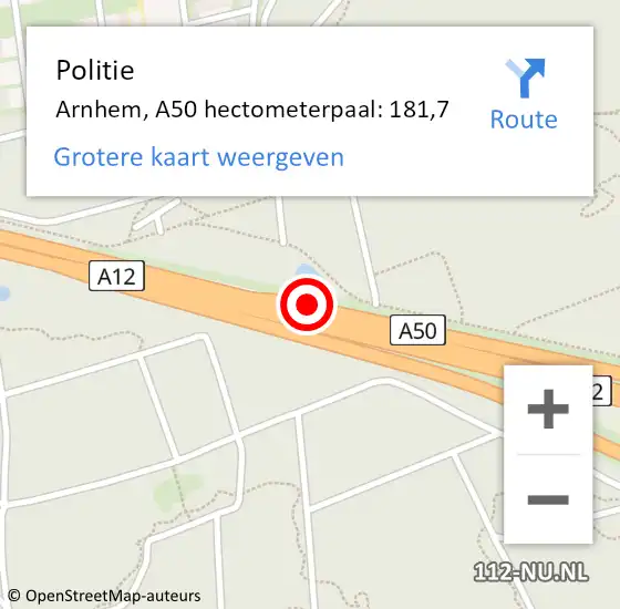 Locatie op kaart van de 112 melding: Politie Arnhem, A50 hectometerpaal: 181,7 op 13 december 2022 22:07