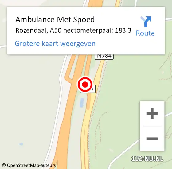 Locatie op kaart van de 112 melding: Ambulance Met Spoed Naar Rozendaal, A50 hectometerpaal: 183,3 op 13 december 2022 22:18