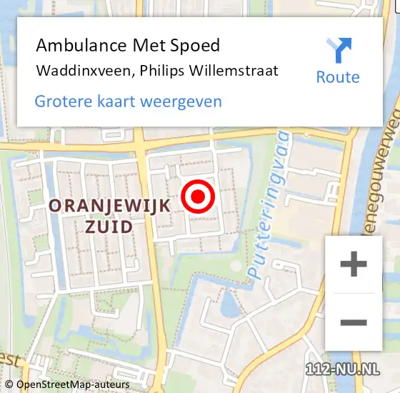 Locatie op kaart van de 112 melding: Ambulance Met Spoed Naar Waddinxveen, Philips Willemstraat op 13 december 2022 22:46