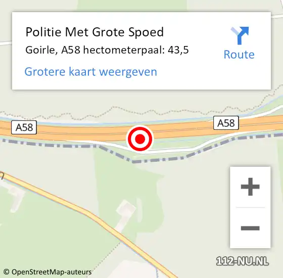 Locatie op kaart van de 112 melding: Politie Met Grote Spoed Naar Goirle, A58 hectometerpaal: 43,5 op 14 december 2022 01:45