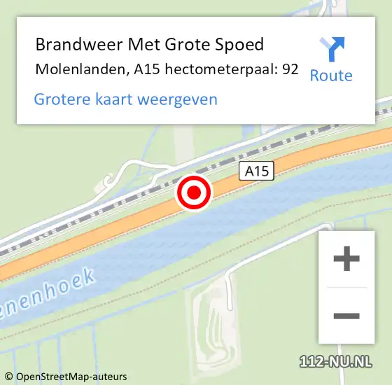 Locatie op kaart van de 112 melding: Brandweer Met Grote Spoed Naar Molenlanden, A15 hectometerpaal: 92 op 14 december 2022 05:53