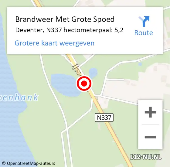 Locatie op kaart van de 112 melding: Brandweer Met Grote Spoed Naar Deventer, N337 hectometerpaal: 5,2 op 14 december 2022 07:52