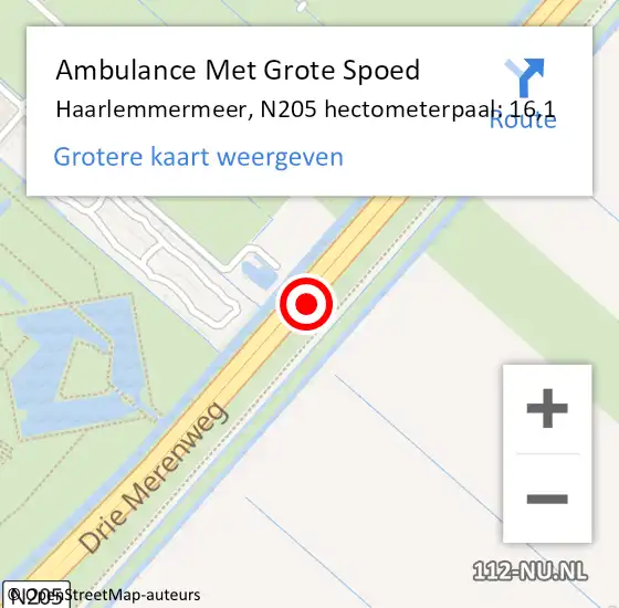 Locatie op kaart van de 112 melding: Ambulance Met Grote Spoed Naar Haarlemmermeer, N205 hectometerpaal: 16,1 op 14 december 2022 09:17