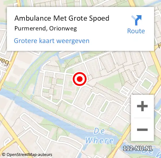 Locatie op kaart van de 112 melding: Ambulance Met Grote Spoed Naar Purmerend, Orionweg op 14 december 2022 11:52