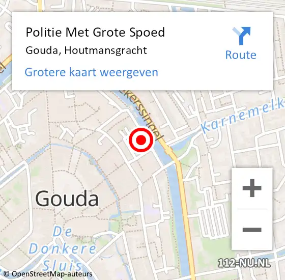 Locatie op kaart van de 112 melding: Politie Met Grote Spoed Naar Gouda, Houtmansgracht op 14 december 2022 13:46