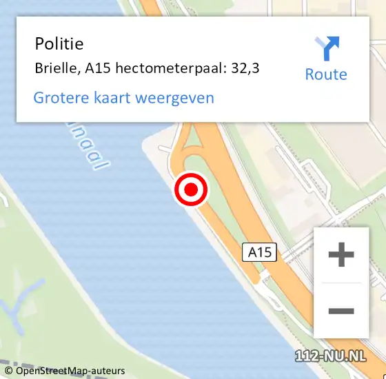 Locatie op kaart van de 112 melding: Politie Brielle, A15 hectometerpaal: 32,3 op 14 december 2022 15:44