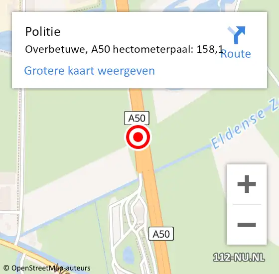 Locatie op kaart van de 112 melding: Politie Overbetuwe, A50 hectometerpaal: 158,1 op 14 december 2022 15:45