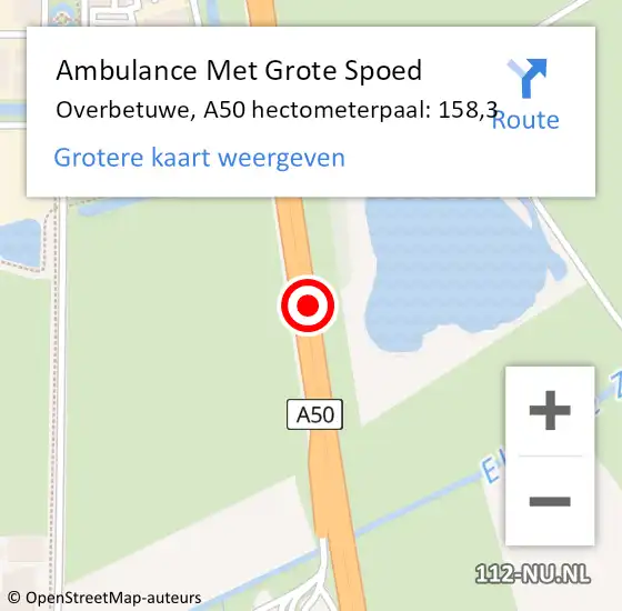Locatie op kaart van de 112 melding: Ambulance Met Grote Spoed Naar Overbetuwe, A50 hectometerpaal: 158,3 op 14 december 2022 15:46