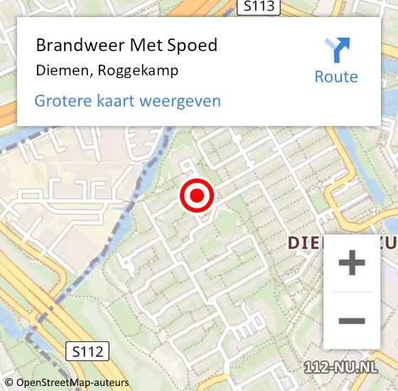 Locatie op kaart van de 112 melding: Brandweer Met Spoed Naar Diemen, Roggekamp op 14 december 2022 15:56
