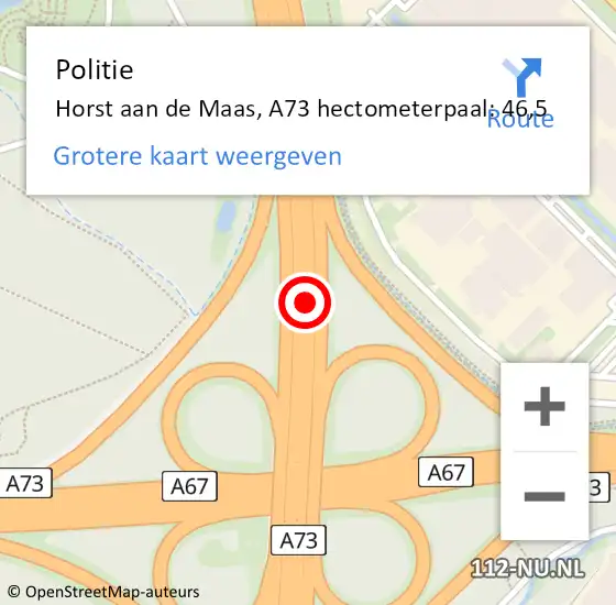 Locatie op kaart van de 112 melding: Politie Horst aan de Maas, A73 hectometerpaal: 46,5 op 14 december 2022 17:09