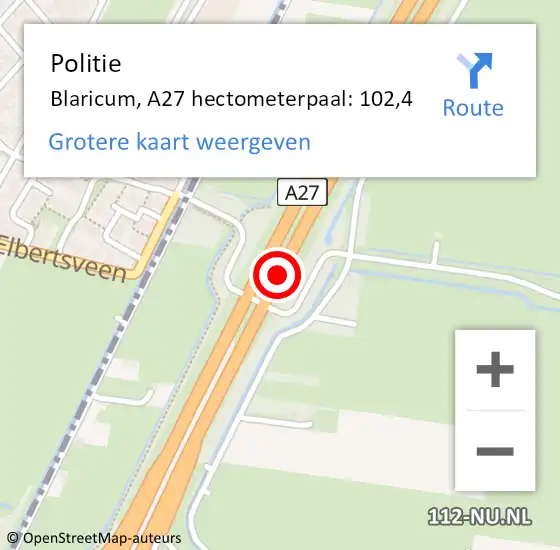 Locatie op kaart van de 112 melding: Politie Blaricum, A27 hectometerpaal: 102,4 op 14 december 2022 17:16