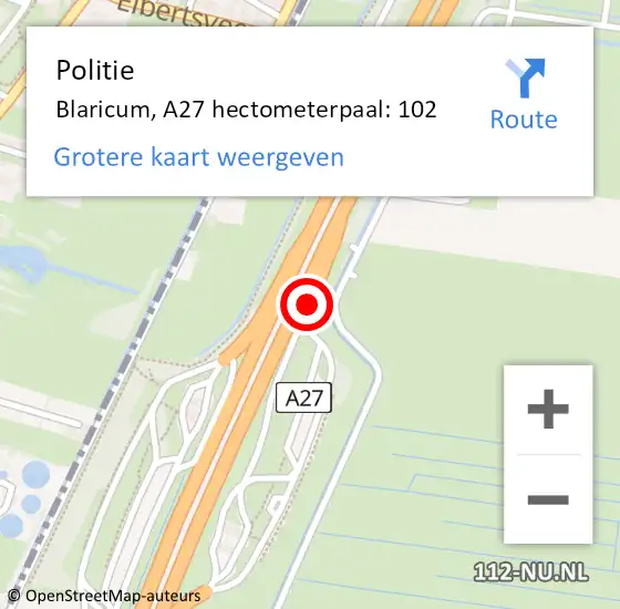 Locatie op kaart van de 112 melding: Politie Blaricum, A27 hectometerpaal: 102 op 14 december 2022 17:17