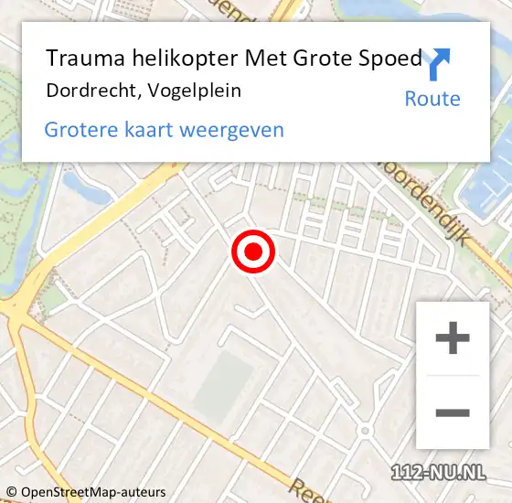 Locatie op kaart van de 112 melding: Trauma helikopter Met Grote Spoed Naar Dordrecht, Vogelplein op 14 december 2022 18:50