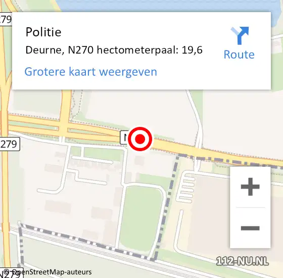 Locatie op kaart van de 112 melding: Politie Deurne, N270 hectometerpaal: 19,6 op 14 december 2022 19:40