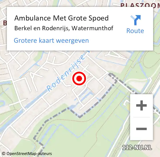 Locatie op kaart van de 112 melding: Ambulance Met Grote Spoed Naar Berkel en Rodenrijs, Watermunthof op 14 december 2022 20:55