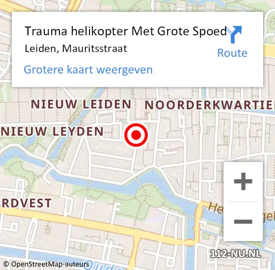 Locatie op kaart van de 112 melding: Trauma helikopter Met Grote Spoed Naar Leiden, Mauritsstraat op 14 december 2022 21:24