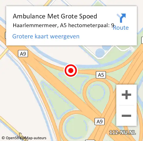 Locatie op kaart van de 112 melding: Ambulance Met Grote Spoed Naar Haarlemmermeer, A5 hectometerpaal: 9 op 14 december 2022 21:29