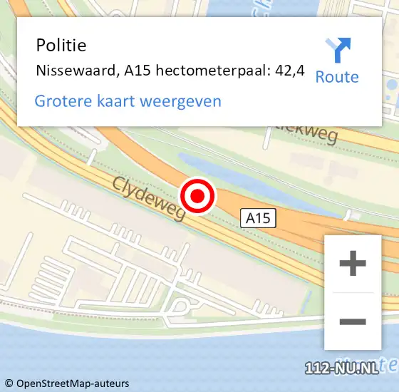 Locatie op kaart van de 112 melding: Politie Nissewaard, A15 hectometerpaal: 42,4 op 14 december 2022 22:30