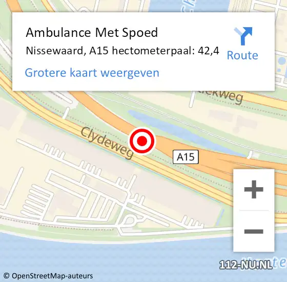 Locatie op kaart van de 112 melding: Ambulance Met Spoed Naar Nissewaard, A15 hectometerpaal: 42,4 op 14 december 2022 22:37