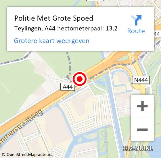 Locatie op kaart van de 112 melding: Politie Met Grote Spoed Naar Teylingen, A44 hectometerpaal: 13,2 op 14 december 2022 23:07