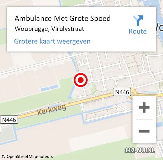 Locatie op kaart van de 112 melding: Ambulance Met Grote Spoed Naar Woubrugge, Virulystraat op 14 december 2022 23:42