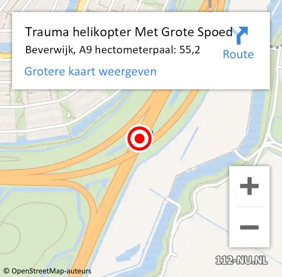 Locatie op kaart van de 112 melding: Trauma helikopter Met Grote Spoed Naar Beverwijk, A9 hectometerpaal: 55,2 op 14 december 2022 23:48