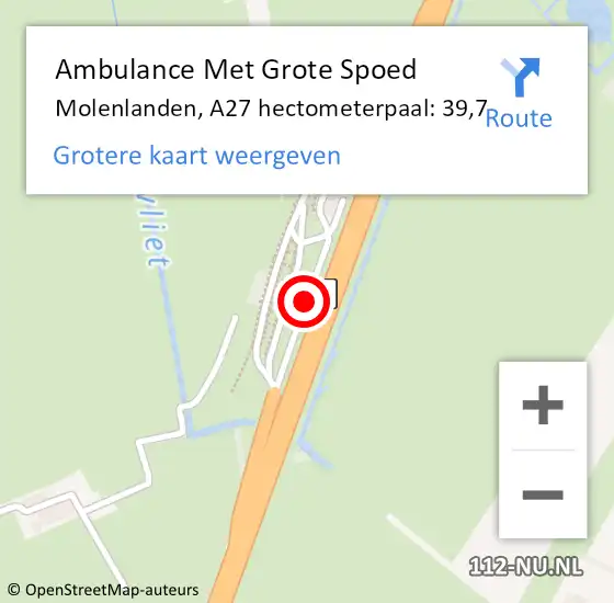 Locatie op kaart van de 112 melding: Ambulance Met Grote Spoed Naar Molenlanden, A27 hectometerpaal: 39,7 op 15 december 2022 01:21