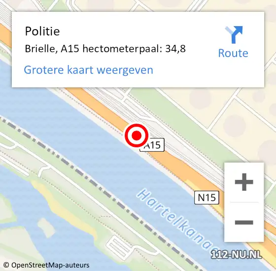 Locatie op kaart van de 112 melding: Politie Brielle, A15 hectometerpaal: 34,8 op 15 december 2022 05:56