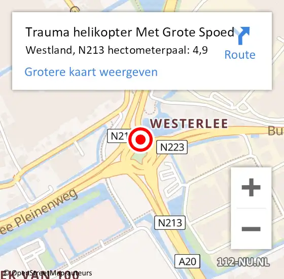 Locatie op kaart van de 112 melding: Trauma helikopter Met Grote Spoed Naar Westland, N213 hectometerpaal: 4,9 op 15 december 2022 06:34