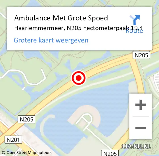 Locatie op kaart van de 112 melding: Ambulance Met Grote Spoed Naar Haarlemmermeer, N205 hectometerpaal: 19,4 op 15 december 2022 06:52