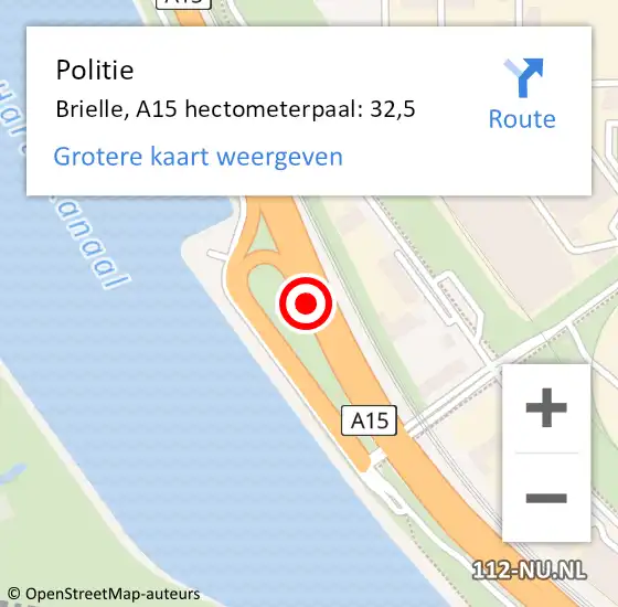 Locatie op kaart van de 112 melding: Politie Brielle, A15 hectometerpaal: 32,5 op 15 december 2022 07:05