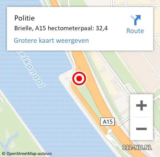 Locatie op kaart van de 112 melding: Politie Brielle, A15 hectometerpaal: 32,4 op 15 december 2022 07:06