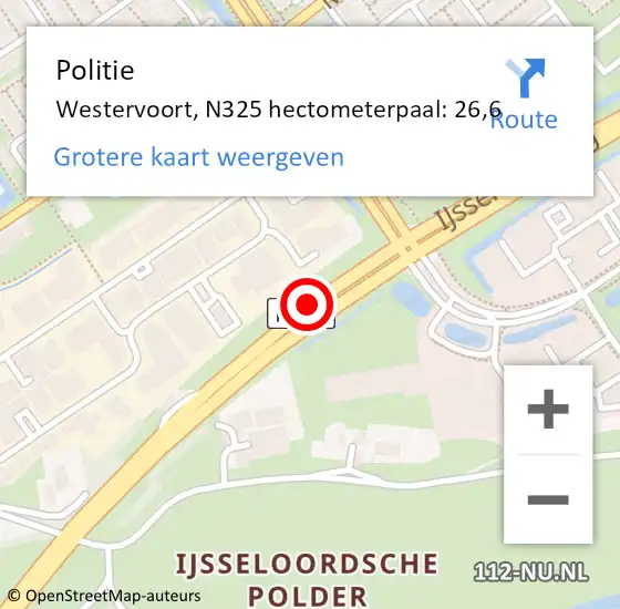 Locatie op kaart van de 112 melding: Politie Westervoort, N325 hectometerpaal: 26,6 op 15 december 2022 07:58