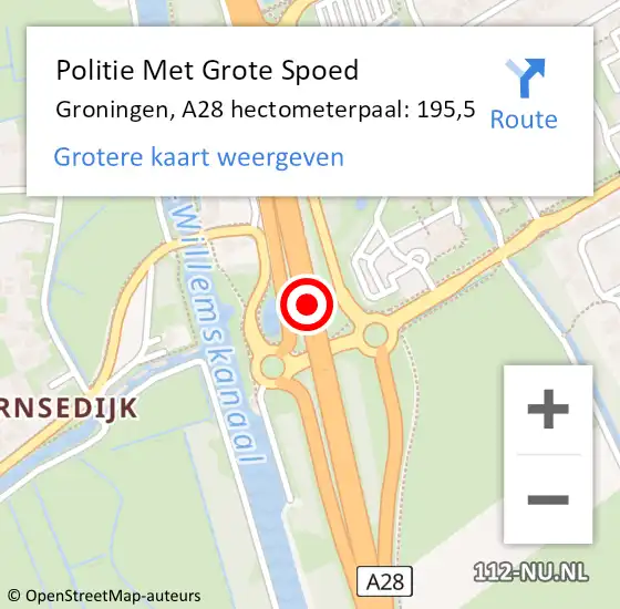 Locatie op kaart van de 112 melding: Politie Met Grote Spoed Naar Groningen, A28 hectometerpaal: 195,5 op 15 december 2022 08:50