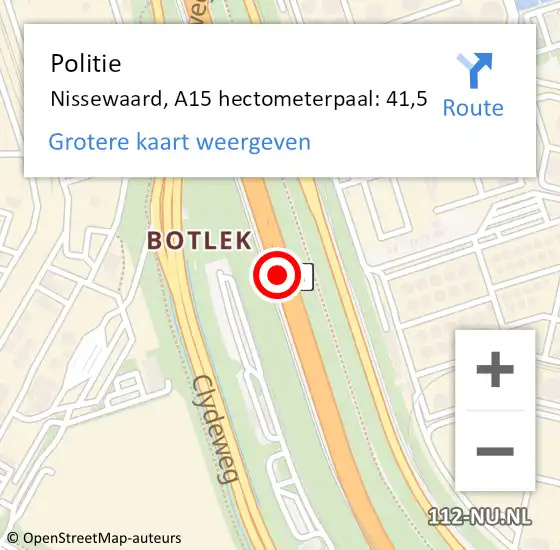 Locatie op kaart van de 112 melding: Politie Nissewaard, A15 hectometerpaal: 41,5 op 15 december 2022 08:59