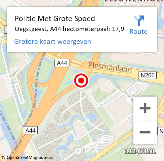 Locatie op kaart van de 112 melding: Politie Met Grote Spoed Naar Oegstgeest, A44 hectometerpaal: 17,9 op 15 december 2022 09:38