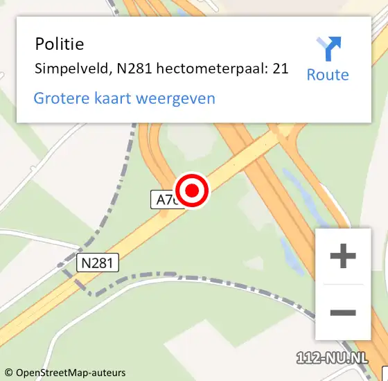 Locatie op kaart van de 112 melding: Politie Simpelveld, N281 hectometerpaal: 21 op 15 december 2022 10:22