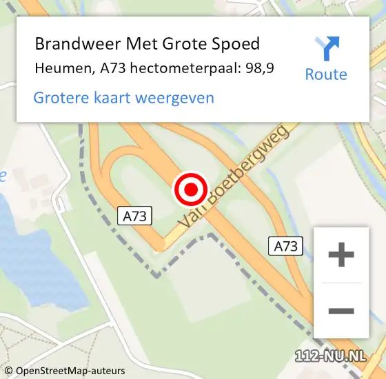 Locatie op kaart van de 112 melding: Brandweer Met Grote Spoed Naar Heumen, A73 hectometerpaal: 98,9 op 15 december 2022 10:42