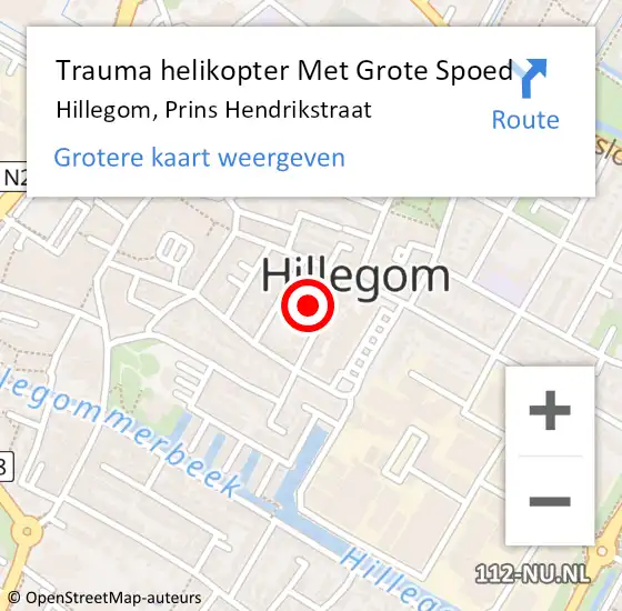 Locatie op kaart van de 112 melding: Trauma helikopter Met Grote Spoed Naar Hillegom, Prins Hendrikstraat op 15 december 2022 11:48