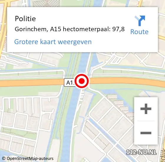 Locatie op kaart van de 112 melding: Politie Gorinchem, A15 hectometerpaal: 97,8 op 15 december 2022 12:47