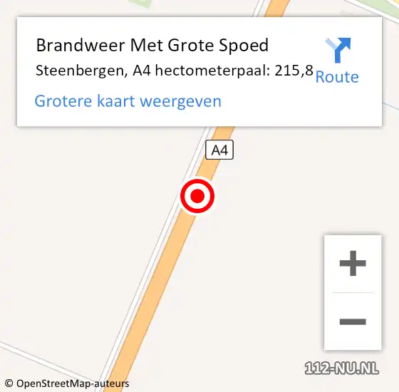 Locatie op kaart van de 112 melding: Brandweer Met Grote Spoed Naar Steenbergen, A4 hectometerpaal: 215,8 op 15 december 2022 13:39