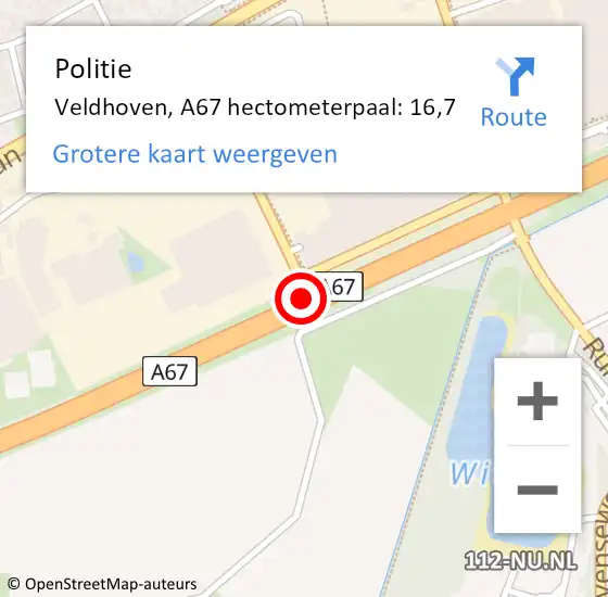 Locatie op kaart van de 112 melding: Politie Veldhoven, A67 hectometerpaal: 16,7 op 15 december 2022 14:48