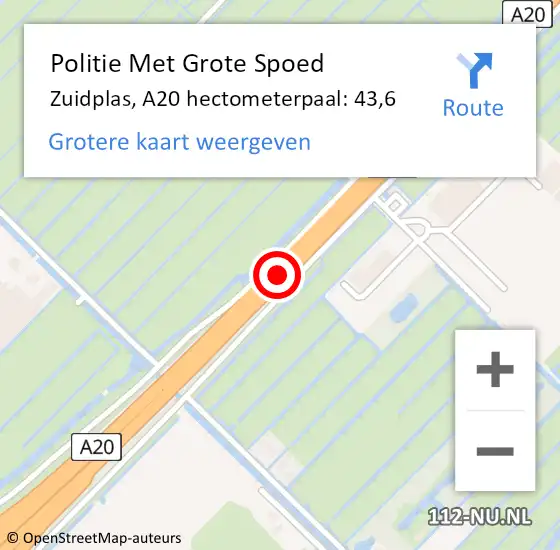 Locatie op kaart van de 112 melding: Politie Met Grote Spoed Naar Zuidplas, A20 hectometerpaal: 43,6 op 15 december 2022 16:00