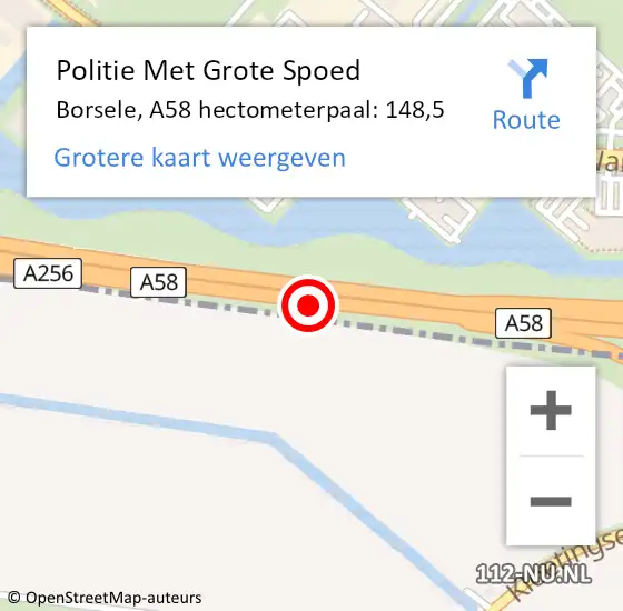 Locatie op kaart van de 112 melding: Politie Met Grote Spoed Naar Borsele, A58 hectometerpaal: 148,5 op 15 december 2022 16:01